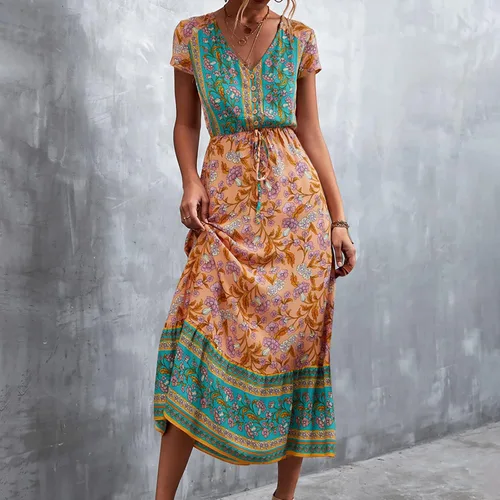 Miniatura 6 de Vestido largo casual de playa para mujer con cuello en V manga corta estilo floral