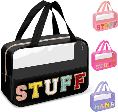 Miniatura 23 de izuzta Bolsas de maquillaje transparentes tipo tote con letras de chenilla, bolsa de maquillaje preppy con asa, Moda