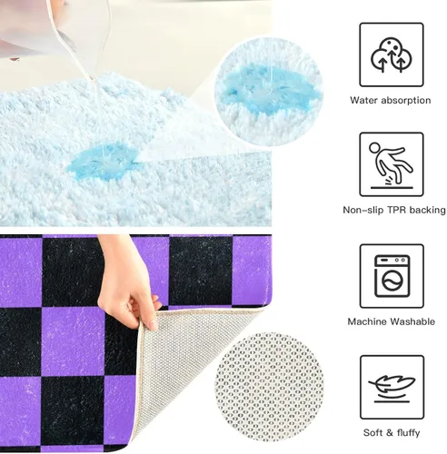Miniatura 5 de Tapete de baño a cuadros negros y morados, suave, absorbente, lavable, tapete de baño para suelo de baño, tapete de baño antideslizante para baño
