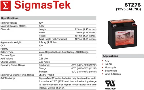 Miniatura 3 de SigmasTek STZ7S SLA AGM Batería de la motocicleta, 12V 5.5Ah 130CCA