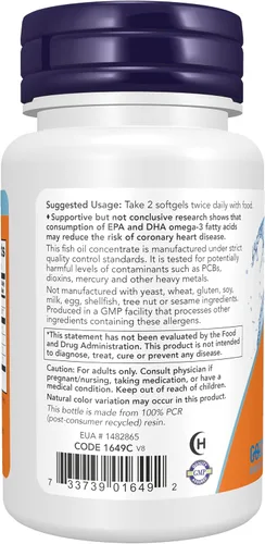 Miniatura 3 de NOW Foods Suplementos, Omega-3 180 EPA / 120 DHA, Destilado molecularmente, Apoyo cardiovascular*, 30 cápsulas blandas