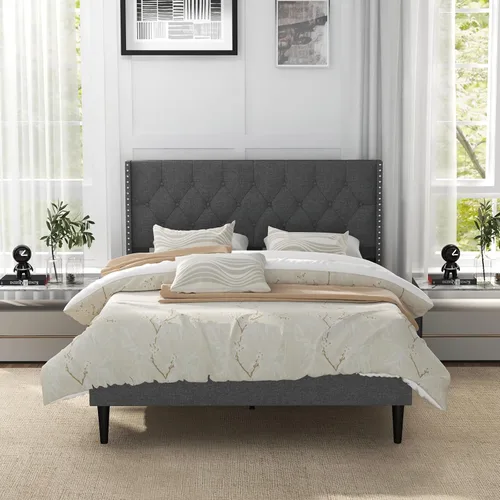Miniatura 3 de Giantex Base de cama tapizada de tela de lino de tamaño matrimonial, marco de cama moderno con cabecera capitoné con botones, base de colchón