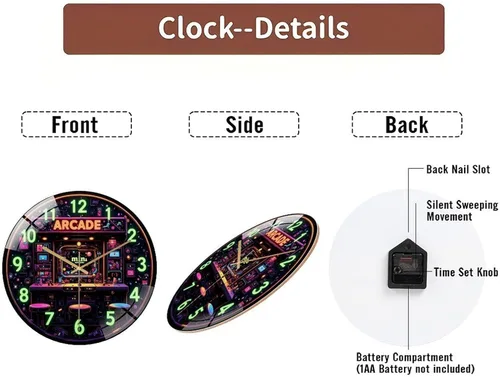Miniatura 7 de 12-Inch Silent Tempered Glass Wall Clock, Retro Mini Arcade Clock Neon Art(1) ” Silent Non-Ticking Clock, Battery Operated