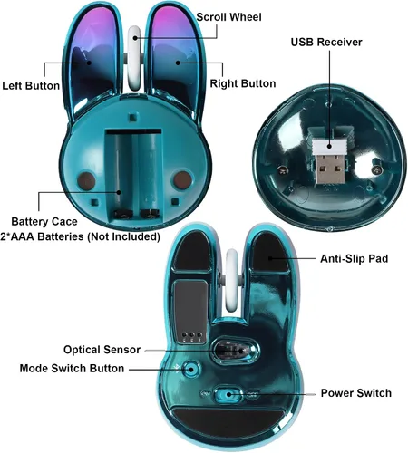 Miniatura 9 de Ratón inalámbrico Bluetooth lindo conejito de doble modo ratón portátil pequeño 2.4G ratón óptico con receptor USB silencioso azul Kawaii conejo