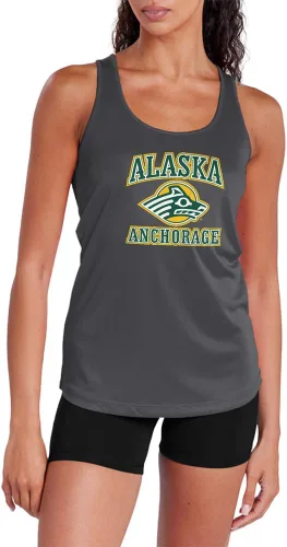 Miniatura 16 de Camiseta deportiva sin mangas oficial de la NCAA Collegiate para mujer, con espalda cruzada, logotipo primario, colección carbón