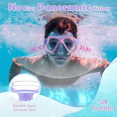 Miniatura 3 de Freela Paquete de 2 gafas de natación para niños y niñas de 3 a 14 años, lente de vidrio templado de 180° HD con cubierta de nariz para piscina