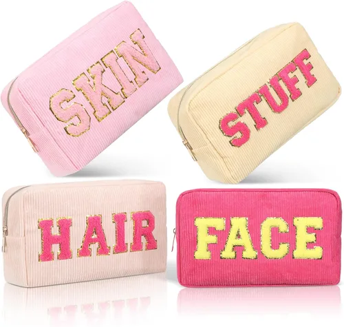 Miniatura 7 de Pinkunn 4 Piezas Bolsas de Maquillaje Preppy Bolsas de Chenilla con Letras de Viaje Organizador Facial Piel Cabello Higiene Cosmética Bolsa de Aseo