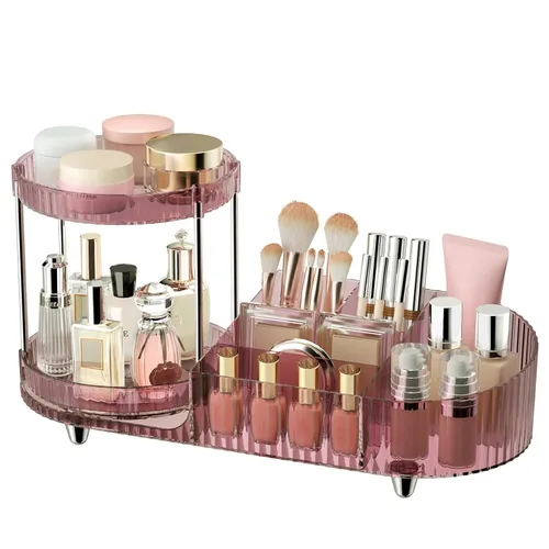Miniatura 8 de Organizador de maquillaje giratorio para tocador, 2 bandejas de perfume con 5 compartimentos, almacenamiento de cosméticos y cuidado de la piel