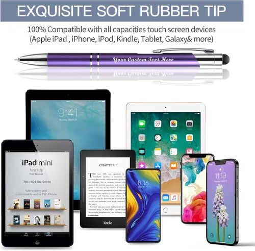 Miniatura 5 de Bolígrafos personalizados con lápiz capacitivo, bolígrafos metálicos personalizados con nombre impreso con tinta negra, grabado con logotipo