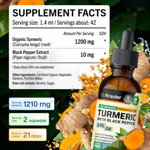 Miniatura 4 de BIO KRAUTER Suplemento de cúrcuma para apoyo articular – Curcumina vegana pura con pimienta negra 2 onzas líquidas 28 días de suministro – Gotas