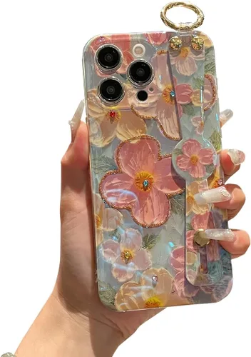 Miniatura 10 de Funda para iPhone 14 Pro Max con correa para la muñeca, función atril con purpurina de dibujos animados IMD de silicona TPU a prueba de golpes