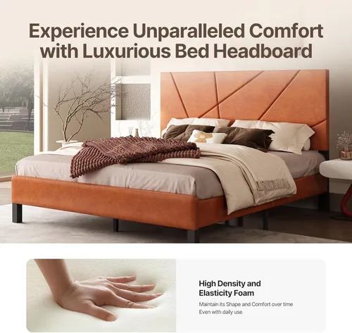 Miniatura 5 de Estructura de cama con plataforma tapizada de tamaño completo con cabecera acolchada de piel sintética, soporte de listones de metal resistente,