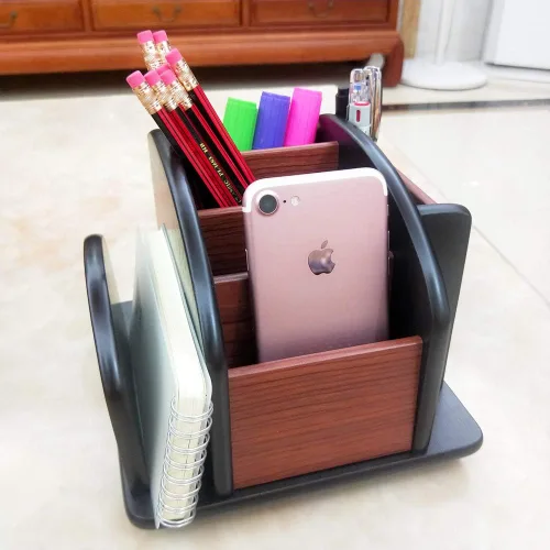 Miniatura 5 de Carrito giratorio de control remoto, soporte de pluma de madera para escritorio, suministros de oficina, almacenamiento de papelería, organizador