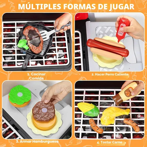 Miniatura 4 de Juguetes de cocina para niños, juego de barbacoa para niños con luz de sonido ahumado, juguete de barbacoa de 2 capas con ruedas, juguetes de comida