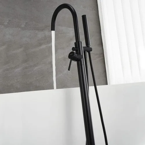 Miniatura 5 de Grifo de bañera independiente, grifos de llenado de bañera, color negro, mango único, montado en el piso con ducha de mano