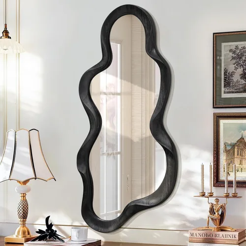 Miniatura 12 de Espejo asimétrico para decoración de pared, grande, moderno, ondulado, con marco de madera, espejo de pared con forma única montado en pared