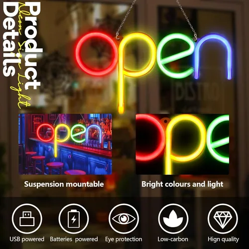 Miniatura 3 de Letrero LED abierto, 7 x 13.8 pulgadas, letreros abiertos para negocios, luz nocturna de neón abierta, decoración de pared, letreros abiertos LED