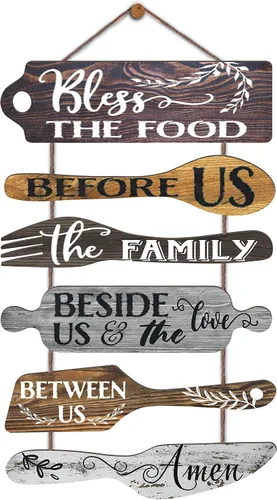 EXQUIDECA Bless the Food Before Us - Decoración de pared de cocina de granja, decoración de comedor, collage de arte de pared en color gris neutro,