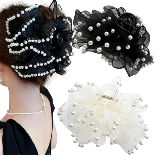 Miniatura 13 de Jaczora 2 pinzas para el pelo de seda de gasa, pinza grande de perlas con lazos, accesorios para el cabello para mujeres y niñas