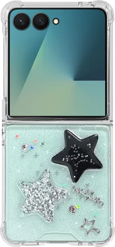 Miniatura 18 de Abbery Funda transparente para Samsung Galaxy Z Flip 3 5G, transparente y con diseño de purpurina bonita con purpurina floral prensada de Rosa
