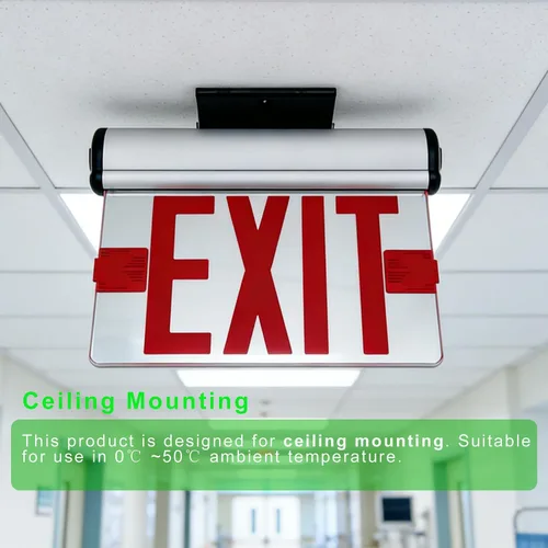 Miniatura 6 de Señal de salida de emergencia LED de doble cara con batería de respaldo, certificado UL, montaje en techo de pared, espejo acrílico, panel