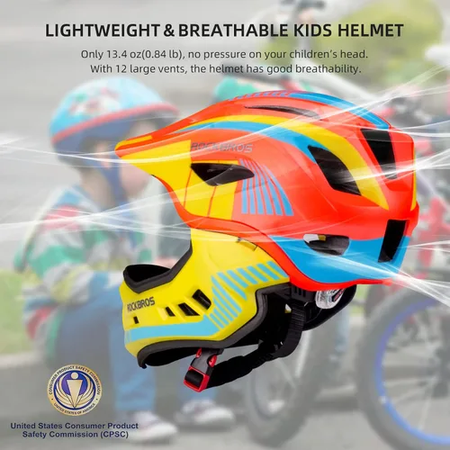 Miniatura 2 de ROCKBROS Casco integral para niños Cascos de bicicleta para niños Casco ligero de bicicleta de montaña para niños pequeños Desmontable para MTB BMX