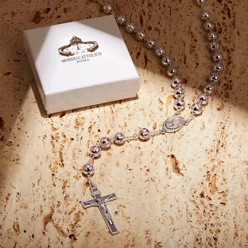 Miniatura 3 de Rosario católico para mujeres y hombres bendecidos durante el ángelus del Papa Rosario del Sagrado Corazón de Jesús en cuentas de color plateado