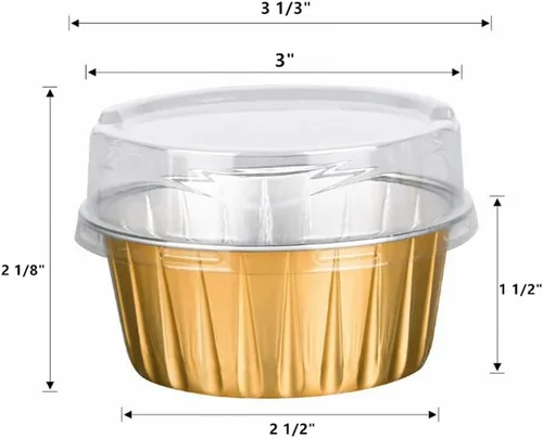 Miniatura 2 de Paquete de 100 tazas de papel de aluminio para hornear con tapas, tazas de postre de 5 onzas, moldes para magdalenas, moldes desechables para Oro