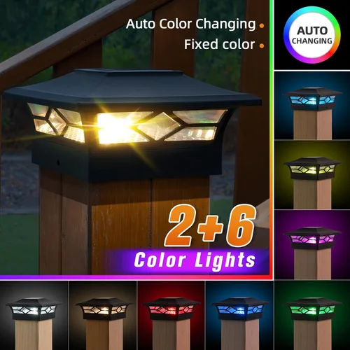 Miniatura 5 de APONUO Luces solares para tapa de poste con 8 colores RGB y flujo multicolor, lente transparente ultra brillante, impermeable IP65 para postes
