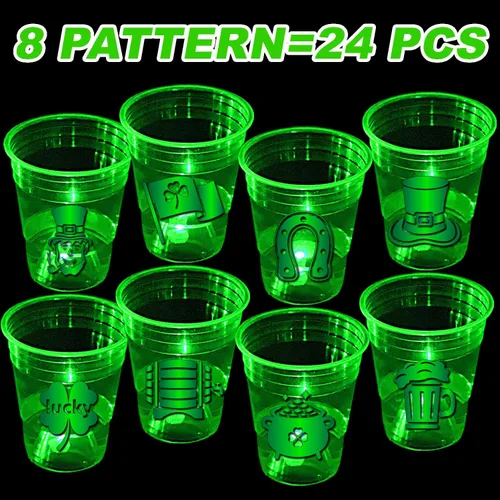 Miniatura 6 de mishunyus 24 tazas brillantes del día de San Patricio, tazas de fiesta de trébol con luces LED, vasos de plástico de 16 onzas para decoración