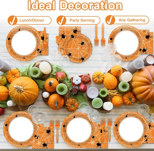 Miniatura 7 de 100 Piezas Platos y Servilletas de Fiesta de Telaraña - Juego de Vajilla de Halloween en Blanco y Negro para 25 Invitados