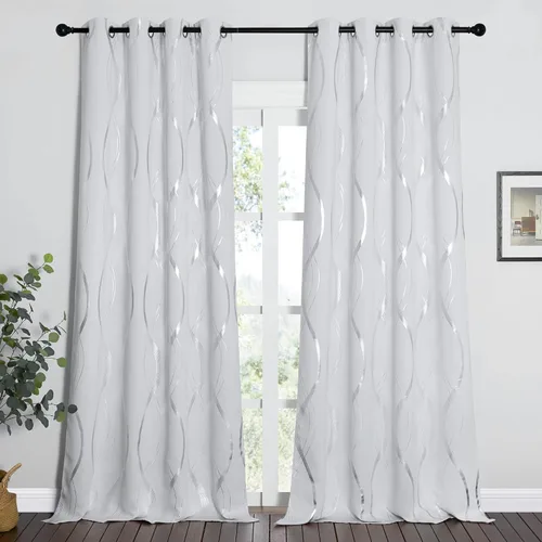 Miniatura 2 de NICETOWN - Cortinas opacas extra largas para ventana grande, color blanco grisáceo, 2 paneles, 52 x 102 pulgadas, líneas onduladas impresas de 1