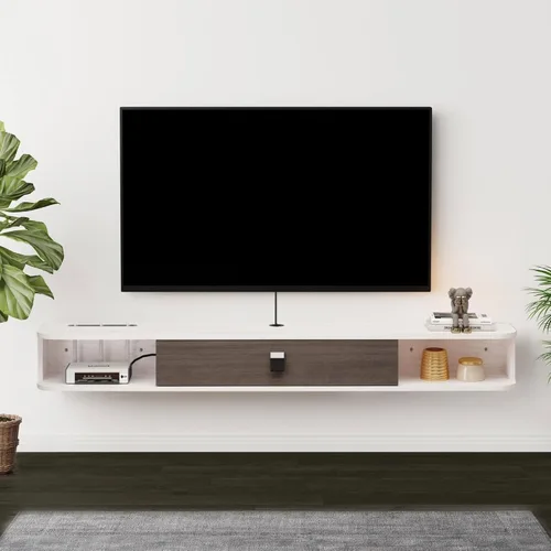 Miniatura 10 de Unidad de TV flotante, armario de TV montado en la pared de 47 pulgadas, estantes flotantes con puerta, centro de consola multimedia
