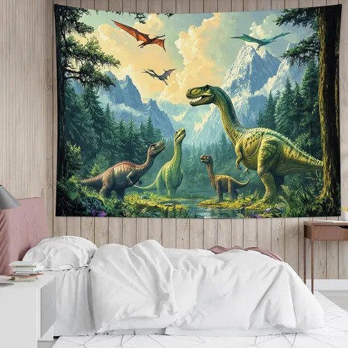Miniatura 8 de HVEST Tapiz de dinosaurio salvaje y antiguo depredador para colgar en la pared, bosque tropical con árboles verdes y montañas, tapices de pared