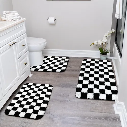 Uphome Juego de alfombras de baño de 3 piezas, juego de alfombras de baño a cuadros en blanco y negro, antideslizantes, lavables a máquina, tapete
