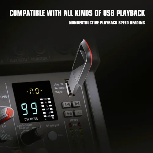 Miniatura 3 de Mezclador de audio de 6 canales, consola de tablero de sonido controladora DJ con 99 efectos DSP, mezclador Bluetooth, alimentación fantasma de 48