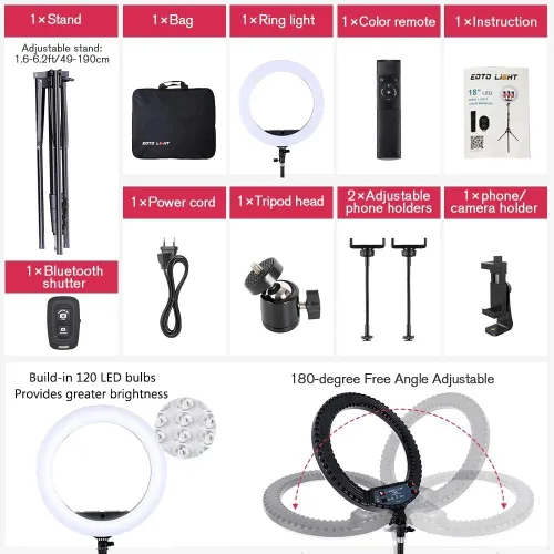 Miniatura 5 de Anillo de luz LED de 18 pulgadas con soporte de trípode, luz de anillo para selfie de maquillaje regulable para retrato de estudio, YouTube, Vlog