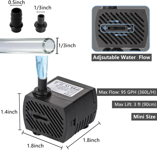 Miniatura 3 de alizzy Bomba de agua pequeña ultra silenciosa de 95 GPH (360 L/H, 5 W), mini bomba de agua sumergible de larga duración con tubo para fuente