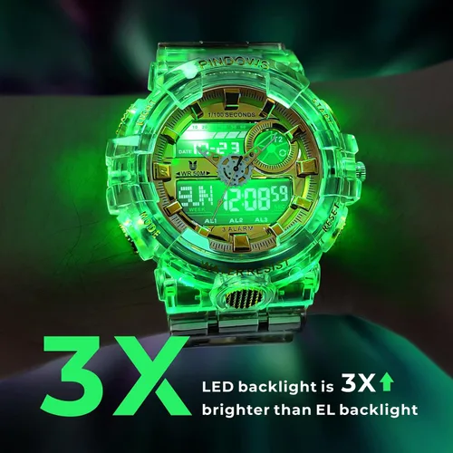 Miniatura 4 de Relojes PINDOWS para hombre, transparente dorado, analógico digital, doble hora, 50M resistente al agua, retroiluminación LED, multifuncional