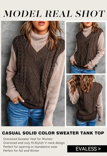 Miniatura 8 de EVALESS Chaleco de gran tamaño para mujer, cuello en V, sin mangas, color sólido, suéter suelto
