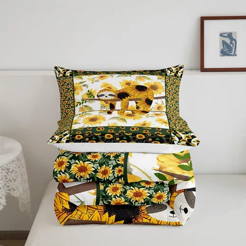 Miniatura 5 de Manfei - Juego de edredón de tamaño Queen con lindo diseño de perezoso, juego de colcha con flores amarillas con 2 fundas de almohada, juego de ropa