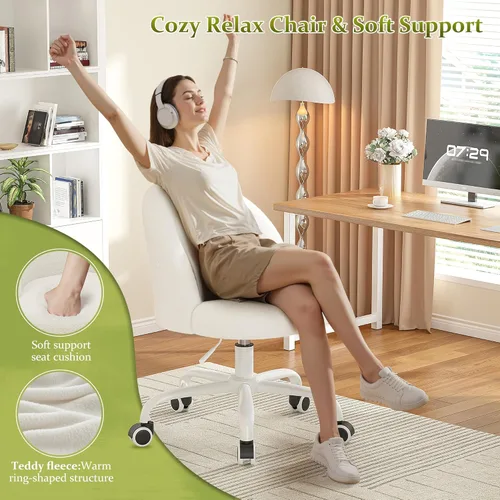 Miniatura 3 de DurayLoly Silla de tocador blanca con ruedas, bonita silla de escritorio con respaldo, silla de oficina sin brazos ajustable en altura, soporte