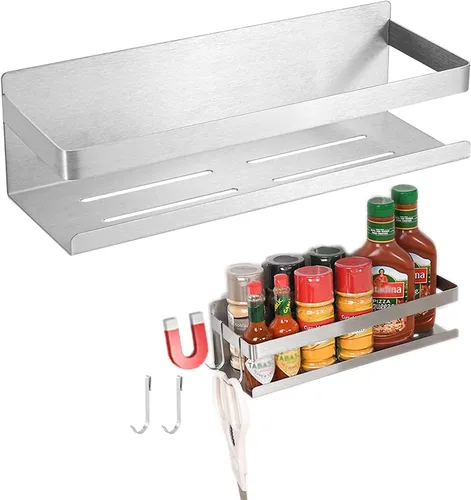 Estante magnético para especias para refrigerador, estante magnético fuerte con 2 ganchos extraíbles, ahorro de espacio para refrigerador y horno