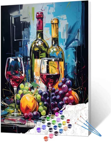 Miniatura 20 de Pintura de fiesta de vino tinto por números para adultos principiantes, vino vintage en vidrio, pintura por números, pintura acrílica, lienzo