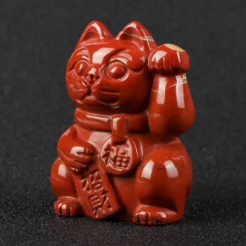 Miniatura 9 de Artistone Figura coleccionable de cristal de jaspe rojo Maneki Neko Money Feng Shui Fortune Lucky Cat Escultura de piedras preciosas para atraer