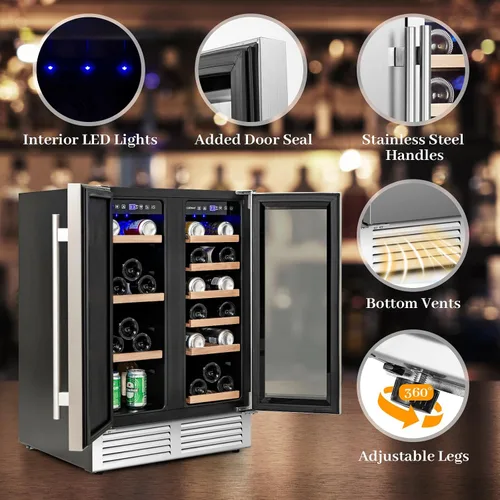 Miniatura 8 de COSTWAY Refrigerador de vino y bebidas, enfriador de bebidas de doble zona de 24 pulgadas con cerradura, puerta de acero inoxidable, refrigerador