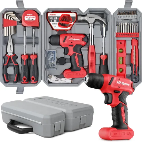 Miniatura 10 de Hi-Spec Juego de taladro inalámbrico de 8 V y kit de herramientas para hombres - Taladro eléctrico recargable por USB, caja de herramientas manual