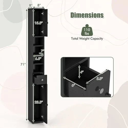 Miniatura 3 de Giantex Gabinete de Almacenamiento Delgado para Baño - Gabinete de Piso Estrecho y Alto de 71 pulgadas con 2 Puertas, 5 Estantes Ajustables, 1