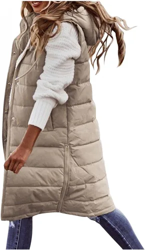 Miniatura 20 de Chaleco largo para mujer, sin mangas, acolchado, con cremallera, capucha, abrigo de invierno cálido, ligero, con bolsillos