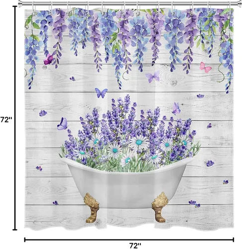 Miniatura 8 de LB Juego de cortinas de ducha de mariposa y flores con alfombras, margaritas y morado lavanda, hojas de eucalipto, cortina de ducha verde